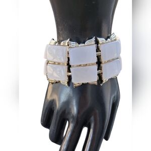 Vintage MCM Pale Pink Moonglow Lucite Panel Bracelet Gold Tone 1950s